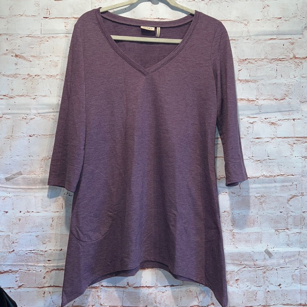 LOGO Lori Goldstein S purple tunic high low hem vneck knit top pocket 3/4 sleeve